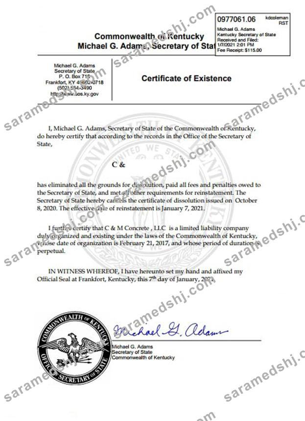 USA Kentucky certificate of good standing